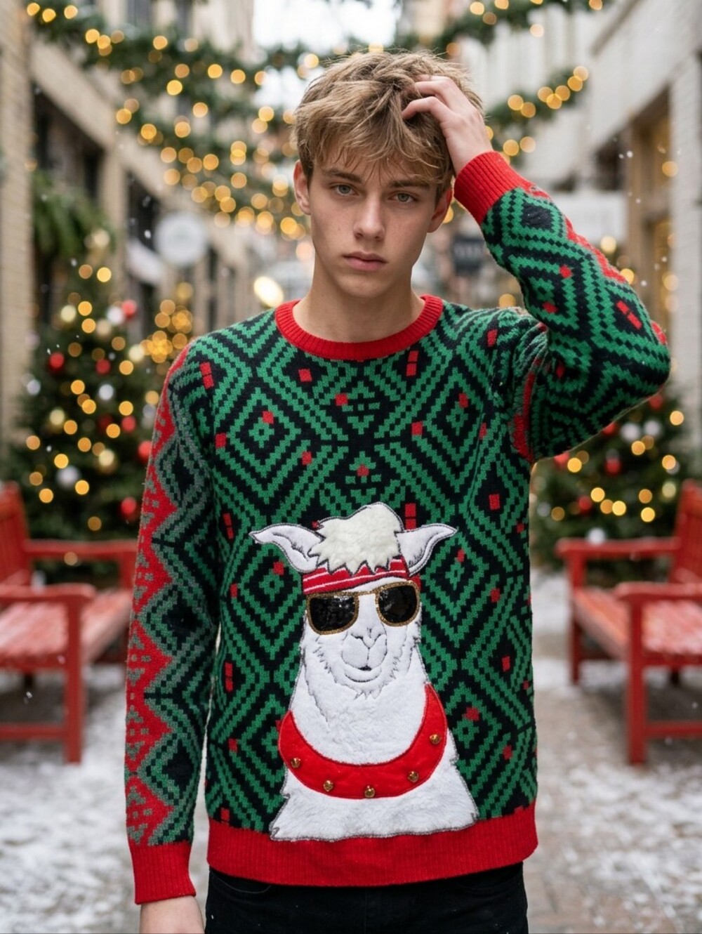 Ugly Christmas Sweater Men M Hip Hop Llama Sunglasses Jingle Bells Holiday Party
